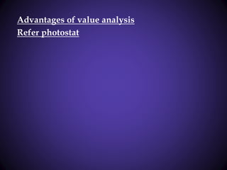 Advantages of value analysis
Refer photostat
 