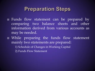  Funds flow statement can be prepared by
comparing two balance sheets and other
information derived from various accounts as
may be needed.
 While preparing the funds flow statement
mainly two statements are prepared:
1) Schedule of Changes in Working Capital
2) Funds Flow Statement
 