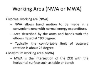 Working Area (NWA or MWA)
• Normal working are (NWA)
– NWA allows hand motion to be made in a
convenient zone with normal energy expenditure.
– Area described by the arms and hands with the
elbows flexed at ~90 degree.
– Typically, the comfortable limit of outward
rotation is about 25 degree.
• Maximum working area(MWA)
– MWA is the intersection of the ZCR with the
horizontal surface such as table or bench
 