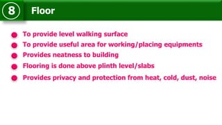 Floor8
To provide level walking surface
Provides neatness to building
Flooring is done above plinth level/slabs
Provides privacy and protection from heat, cold, dust, noise
To provide useful area for working/placing equipments
 
