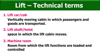 1. Lift car/cab
Lift – Technical terms
Vertically moving cabin in which passengers and
goods are transported.
2. Lift shaft/hoist
space in which the lift cabin moves.
3. Machine room
Room from which the lift functions are loaded and
controlled
 
