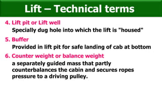4. Lift pit or Lift well
Lift – Technical terms
Specially dug hole into which the lift is "housed"
5. Buffer
Provided in lift pit for safe landing of cab at bottom
6. Counter weight or balance weight
a separately guided mass that partly
counterbalances the cabin and secures ropes
pressure to a driving pulley.
 
