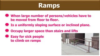 Ramps
When large number of persons/vehicles have to
be moved from floor to floor.
Is a uniformly sloping surface or inclined plane.
Occupy larger space than stairs and lifts
Easy for sick people
to climb on ramps
 