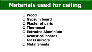 Materials used for ceiling
 Wood
 Gypsum board
 Plaster of paris
 Thermocol
 Extruded Aluminium
 Acoustical boards
 Glass mirrors
 Metal Sheets
 