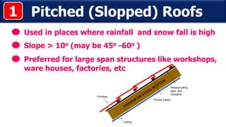 Pitched (Slopped) Roofs
Used in places where rainfall and snow fall is high
Slope > 10o (may be 45o -60o )
Preferred for large span structures like workshops,
ware houses, factories, etc
1
 