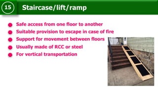Staircase/lift/ramp15
Safe access from one floor to another
Support for movement between floors
Usually made of RCC or steel
Suitable provision to escape in case of fire
For vertical transportation
 