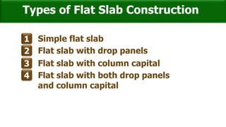 Types of Flat Slab Construction
1 Simple flat slab
2 Flat slab with drop panels
3 Flat slab with column capital
4 Flat slab with both drop panels
and column capital
 
