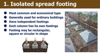 1. Isolated spread footing
Most common and economical type
Generally used for ordinary buildings
Have independent footings
Each column has its own footings
Footing may be rectangular,
square or circular in shape
 