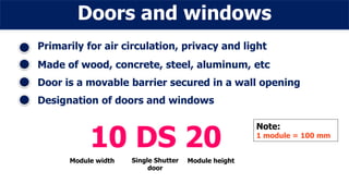 Doors and windows
Primarily for air circulation, privacy and light
Made of wood, concrete, steel, aluminum, etc
Door is a movable barrier secured in a wall opening
Designation of doors and windows
10 DS 20
Module width Single Shutter
door
Module height
Note:
1 module = 100 mm
 