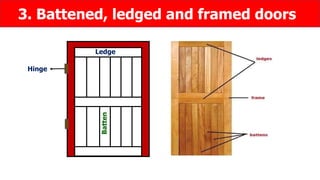 3. Battened, ledged and framed doors
Ledge
Batten
Hinge
 