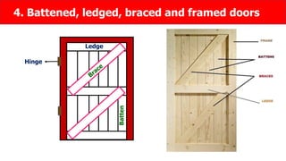 4. Battened, ledged, braced and framed doors
Ledge
Batten
Hinge
 
