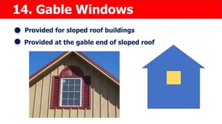 14. Gable Windows
Provided for sloped roof buildings
Provided at the gable end of sloped roof
 