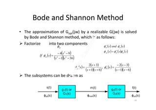 Bode and Shannon Method
• The approximation of Gopt(jw) by a realizable G(jw) is solved
by Bode and Shannon method, which is as follows:
 Factorize into two components
ss    
     sss
sands
ssssss
ssss


 

   
  
94 2


s
sIf 
 The subsystems can be drawn as
   
  361
94
22



ss
s
sIf ss
24
   
  
   
  61
32
,
61
32





 
ss
s
s
ss
s
s ssss 
 