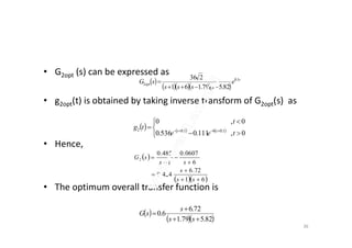 • G2opt (s) can be expressed as
• g2opt(t) is obtained by taking inverse transform of G2opt(s) as
 
    
s
opt e
ssss
sG 1.0
2
82.579.161
236


  
 

0,0 t
tg
• Hence,
• The optimum overall transfer function is
     





 
0,111.0536.0
0,0
1.061.02
tee
t
tg tt
 
  61
72.6
424.0
6
0607.0
1
485.0
2







ss
s
ss
sG
 
  82.579.1
72.6
6.0



ss
s
sG
36
 