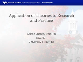Application of Theories to Research
and Practice
Adrian Juarez, PhD, RN
NGC 501
University at Buffalo
 
