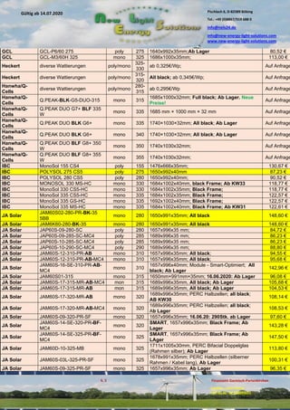 Pischlach 6, D-82389 Böbing
Tel.: +49 (0)8867/919 688 0
info@nels24.de
info@new-energy-light-solutions.com
www.new-energy-light-solutions.com
S. 3 Finanzamt Garmisch-Partenkirchen
Inhaber: Jutta Hertel
UST-ID-Nr: DE238049655
Gültig ab 14.07.2020
.07.2020
.2020
.06.2018.06.2018
.04.2018.04.2018
GCL GCL-P6/60 275 poly 275 1640x992x35mm;Ab Lager 80,52 €
GCL GCL-M3/60H 325 mono 325 1686x1000x35mm; 113,00 €
Heckert diverse Wattierungen poly/mono
325-
330
ab 0,325€/Wp; Auf Anfrage
Heckert diverse Wattierungen poly/mono
315-
320
All black; ab 0,345€/Wp; Auf Anfrage
Hanwha/Q-
Cells
diverse Wattierungen poly/mono
280-
315
ab 0,295€/Wp Auf Anfrage
Hanwha/Q-
Cells
Q.PEAK-BLK-G5-DUO-315 mono 315
1685x1000x32mm; Full black; Ab Lager. Neue
Preise!
Auf Anfrage
Hanwha/Q-
Cells
Q.PEAK DUO G7+ BLF 335
W
mono 335 1685 mm × 1000 mm × 32 mm Auf Anfrage
Hanwha/Q-
Cells
Q.PEAK DUO BLK G6+ mono 335 1740×1030×32mm; All black; Ab Lager Auf Anfrage
Hanwha/Q-
Cells
Q.PEAK DUO BLK G6+ mono 340 1740×1030×32mm; All black; Ab Lager Auf Anfrage
Hanwha/Q-
Cells
Q.PEAK DUO BLF G8+ 350
W
mono 350 1740x1030x32mm; Auf Anfrage
Hanwha/Q-
Cells
Q.PEAK DUO BLF G8+ 355
W
mono 355 1740x1030x32mm; Auf Anfrage
IBC MonoSol 155 CS4 poly 155 1476x666x35mm; 130,67 €
IBC POLYSOL 275 CS5 poly 275 1650x992x40mm 87,23 €
IBC POLYSOL 280 CS5 poly 280 1650x992x40mm; 90,52 €
IBC MONOSOL 330 MS-HC mono 330 1684x1002x40mm, black Frame; Ab KW33 118,77 €
IBC MonoSol 330 CS5-HC mono 330 1684x1002x35mm; Black Frame; 118,77 €
IBC MonoSol 335 CS5-HC mono 335 1684x1002x35mm; Black Frame; 122,57 €
IBC MonoSol 335 GS-HC mono 335 1692x1002x40mm; Black Frame; 122,57 €
IBC MonoSol 335 MS-HC mono 335 1684x1002x40mm; Black Frame; Ab KW31 122,61 €
JA Solar
JAM60S02-280-PR-BK-35
5BB
mono 280 1650x991x35mm; All black 148,60 €
JA Solar JAM6K60-280-BK-35 mono 280 1650x991x35mm; All black 148,60 €
JA Solar JAP60S-09-280-SC poly 280 1657x996x35 mm; 84,72 €
JA Solar JAP60S-09-285-SC-MC4 poly 285 1689x996x35 mm; 86,23 €
JA Solar JAP60S-10-285-SC-MC4 poly 285 1689x996x35 mm; 86,23 €
JA Solar JAP60S-10-290-SC-MC4 poly 290 1689x996x35 mm; 88,80 €
JA Solar JAM60S-12-310-PR-AB mono 310 1657x996x35mm; All black; 94,55 €
JA Solar JAM60S-12-310-PR-AB-MC4 mono 310 1657x996x35mm; All black; 95,68 €
JA Solar
JAM60S-16-SE-310-PR-AB-
MC4
mono 310
1657x996x40mm; Module - Smart-Optimiert; All
black; Ab Lager
142,96 €
JA Solar JAM60S01-315 mono 315 1650mm×991mm×35mm; 16.06.2020: Ab Lager 96,08 €
JA Solar JAM60S-17-315-MR-AB-MC4 mon 315 1689x996x35mm, All black; Ab Lager 105,68 €
JA Solar JAM60S-17-315-MR-AB mon 315 1689x996x35mm, All black; Ab Lager 104,53 €
JA Solar JAM60S-17-320-MR-AB mono 320
1689x996x35mm; PERC Halbzellen; all black;
AB KW30
108,14 €
JA Solar JAM60S-17-320-MR-AB-MC4 mono 320
1689x996x35mm; PERC Halbzellen; all black;
Ab Lager
108,53 €
JA Solar JAM60S-09-320-PR-SF mono 320 1657x996x35mm; 16.06.20: 290Stk. ab Lager 97,60 €
JA Solar
JAM60S-14-SE-320-PR-BF-
MC4
mono 320
SMART, 1657x996x35mm; Black Frame; Ab
Lager
143,28 €
JA Solar
JAM60S-14-SE-325-PR-BF-
MC4
mono 325
SMART, 1657x996x35mm; Black Frame; Ab
LAger
147,50 €
JA Solar JAM60D-10-325-MB mono 325
1711x1005x30mm, PERC Bifacial Doppelglas
(Rahmen silber); Ab Lager
113,80 €
JA Solar JAM60S-03L-325-PR-SF mono 325
1678x991x35mm; PERC Halbzellen (silberner
Rahmen / Kabel lang), Ab Lager
100,31 €
JA Solar JAM60S-09-325-PR-SF mono 325 1657x996x35mm; Ab Lager 96,35 €
 