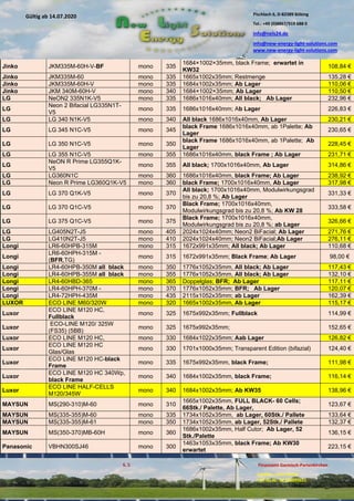 Pischlach 6, D-82389 Böbing
Tel.: +49 (0)8867/919 688 0
info@nels24.de
info@new-energy-light-solutions.com
www.new-energy-light-solutions.com
S. 5 Finanzamt Garmisch-Partenkirchen
Inhaber: Jutta Hertel
UST-ID-Nr: DE238049655
Gültig ab 14.07.2020
.07.2020
.2020
.06.2018.06.2018
.04.2018.04.2018
Jinko JKM335M-60H-V-BF mono 335
1684×1002×35mm, black Frame; erwartet in
KW32
108,84 €
Jinko JKM335M-60 mono 335 1665x1002x35mm; Restmenge 135,28 €
Jinko JKM335M-60H-V mono 335 1684x1002x35mm; Ab Lager 110,06 €
Jinko JKM 340M-60H-V mono 340 1684×1002×35mm; Ab Lager 110,50 €
LG NeON2 335N1K-V5 mono 335 1686x1016x40mm; All black; Ab Lager 232,96 €
LG
Neon 2 Bifacial LG335N1T-
V5
mono 335 1686x1016x40mm; Ab Lager 226,83 €
LG LG 340 N1K-V5 mono 340 All black 1686x1016x40mm, Ab Lager 230,21 €
LG LG 345 N1C-V5 mono 345
black Frame 1686x1016x40mm, ab 1Palette; Ab
Lager
230,65 €
LG LG 350 N1C-V5 mono 350
black Frame 1686x1016x40mm, ab 1Palette; Ab
Lager
228,45 €
LG LG 355 N1C-V5 mono 355 1686x1016x40mm, black Frame ; Ab Lager 231,71 €
LG
NeON R Prime LG355Q1K-
V5
mono 355 All black; 1700x1016x40mm, Ab Lager 314,86 €
LG LG360N1C mono 360 1686x1016x40mm, black Frame; Ab Lager 238,92 €
LG Neon R Prime LG360Q1K-V5 mono 360 black Frame; 1700x1016x40mm, Ab Lager 317,98 €
LG LG 370 Q1K-V5 mono 370
All black; 1700x1016x40mm, Modulwirkungsgrad
bis zu 20,8 %; Ab Lager
331,33 €
LG LG 370 Q1C-V5 mono 370
Black Frame; 1700x1016x40mm,
Modulwirkungsgrad bis zu 20,8 %; Ab KW 28
333,58 €
LG LG 375 Q1C-V5 mono 375
Black Frame; 1700x1016x40mm,
Modulwirkungsgrad bis zu 20,8 %; ab Lager
326,66 €
LG LG405N2T-J5 mono 405 2024x1024x40mm; Neon2 BiFacial; Ab Lager 271,76 €
LG LG410N2T-J5 mono 410 2024x1024x40mm; Neon2 BiFacial;Ab Lager 276,11 €
Longi LR6-60HPB-315M mono 315 1672x991x35mm; All black; Ab Lager 110,68 €
Longi
LR6-60HPH-315M -
(BFR,TG)
mono 315 1672x991x35mm; Black Frame; Ab Lager 98,00 €
Longi LR4-60HPB-350M all black mono 350 1776x1052x35mm, All black; Ab Lager 117,43 €
Longi LR4-60HPB-355M all black mono 355 1776x1052x35mm, All black; Ab Lager 132,10 €
Longi LR4-60HBD-365 mono 365 Doppelglas; BFR; Ab Lager 117,11 €
Longi LR4-60HPH-370M - mono 370 1776x1052x35mm; BFR; Ab Lager 120,07 €
Longi LR4-72HPH-435M mono 435 2115x1052x35mm; ab Lager 162,39 €
LUXOR ECO LINE M60/320W mono 320 1665x1002x35mm, Ab Lager 115,17 €
Luxor
ECO LINE M120 HC,
Fullblack
mono 325 1675x992x35mm; Fullblack 114,99 €
Luxor
ECO-LINE M120/ 325W
(FS35) (5BB)
mono 325 1675x992x35mm; 152,65 €
Luxor ECO LINE M120 HC, mono 330 1684x1022x35mm; Aab Lager 126,82 €
Luxor
ECO LINE M120 HC
Glas/Glas
mono 330 1701x1000x35mm; Transparent Edition (bifazial) 124,40 €
Luxor
ECO LINE M120 HC-black
Frame
mono 335 1675x992x35mm, black Frame; 111,98 €
Luxor
ECO LINE M120 HC 340Wp,
black Frame
mono 340 1684x1002x35mm, black Frame; 116,14 €
Luxor
ECO LINE HALF-CELLS
M120/345W
mono 340 1684x1002x35mm; Ab KW35 138,96 €
MAYSUN MS(290-310)M-60 mono 310
1665x1002x35mm, FULL BLACK- 60 Cells;
66Stk./ Palette, Ab Lager,
123,67 €
MAYSUN MS(335-355)M-60 mono 335 1734x1052x35mm, ab Lager, 60Stk./ Pallete 133,64 €
MAYSUN MS(335-355)M-61 mono 350 1734x1052x35mm, ab Lager, 52Stk./ Pallete 132,37 €
MAYSUN MS(350-370)MB-60H mono 360
1686x1002x35mm, Half Cutor; Ab Lager, 52
Stk./Palette
136,15 €
Panasonic VBHN300SJ46 mono 300
1463x1053x35mm, black Frame; Ab KW30
erwartet
223,15 €
 