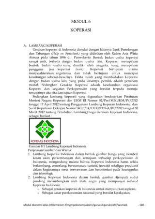 Modul ekonomi kelas 10/semester 2/mgmpekonomijaksel1/guruasikgurukreatif/kasmadi - 120 -
MODUL 6
KOPERASI
A. LAMBANG KOPERASI
Gerakan koperasi di Indonesia dimulai dengan lahirnya Bank Pertolongan
dan Tabungan (Hulp en Spaarbank) yang didirikan oleh Raden Aria Wiria
Atmaja pada tahun 1896 di Purwokerto. Bentuk badan usaha koperasi
sangat unik, berbeda dengan badan usaha lain. Koperasi merupakan
bentuk badan usaha yang dimiliki oleh anggota, yang merupakan
pengguna jasa koperasi (user). Koperasi bertujuan utama
menyejahterakan angotanya dan tidak bertujuan untuk mencapai
keuntungan sebesar-besarnya. Fakta inilah yang membedakan koperasi
dengan badan usaha lain, yang pada dasarnya pemilik adalah penanam
modal. Sedangkan Gerakan Koperasi adalah keseluruhan organisasi
Koperasi dan kegiatan Perkoperasian yang bersifat terpadu menuju
tercapainya cita-cita dan tujuan Koperasi.
Sedangkan lambang koperasi yang digunakan berdasarkan Peraturan
Menteri Negara Koperasi dan UKM RI Nomor 02/Per/M.KUKM/IV/2012
tanggal 17 April 2012 tentang Penggunaan Lambang Koperasi Indonesia; dan
Surat Keputusan Dekopin Nomor SKEP/14/DEKOPIN-A/III/2012 tanggal 30
Maret 2012 tentang Perubahan Lambang/Logo Gerakan Koperasi Indonesia,
sebagai berikut :
Gambar 8.1 Lambang Koperasi Indonesia
Penjelasan Gambar dan Warna:
1. Lambang Koperasi Indonesia dalam bentuk gambar bunga yang memberi
kesan akan perkembangan dan kemajuan terhadap perkoperasian di
Indonesia, mengandung makna bahwa Koperasi Indonesia harus selalu
berkembang, cemerlang, berwawasan, variatif, inovatif sekaligus produktif
dalam kegiatannya serta berwawasan dan berorientasi pada keunggulan
dan teknologi;
2. Lambang Koperasi Indonesia dalam bentuk gambar 4(empat) sudut
pandang melambangkan arah mata angin yang mempunyai maksud
Koperasi Indonesia:
o Sebagai gerakan koperasi di Indonesia untuk menyalurkan aspirasi;
o Sebagai dasar perekonomian nasional yang bersifat kerakyatan;
 