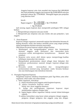 Modul ekonomi kelas 10/semester 2/mgmpekonomijaksel1/guruasikgurukreatif/kasmadi - 127 -
Anggota koperasi yaitu Anis membeli dari koperasi Rp.1.000.000,00
dan total pembelian anggota dari koperasi Rp.10.000.000,00 serta jasa
penjualan sebesar Rp. 3.750.000,00. Hitunglah bagian jasa penjualan
yang diterima Anis!
Jawab :
Bagian anggota =
,0010.000.000Rp.
001.000.000,Rp.
x Rp 3.750.000,00
= Rp.375.000,00
Jadi seorang angota koperasi akan memperoleh pembagian SHU sebagai
berikut :
1. Memperoleh jasa simpanan atau jasa modal
2. Memperoleh jasa simpanan atau jasa modal, dan jasa penjualan / jasa
anggota
7. Peran Koperasi
Koperasi sebagai organisasi memenuhi aspirasi dan kebutuhan bersama di
bidang ekonomi, sosial, dan budaya memiliki peran yang sangat penting
dalam peningkatan ekoiatan ekonomi masyarakat.
Oleh karena itu peran koperasi adalah sebagai berikut.
a. Membangun dan mengembangkan potensi dan kemampuan
ekonomi anggota pada khususnya dan masyarakat pada
umumnya untuk meningkatkan kesejahteraan ekonomi dan
sosialnya.
b. Berperan serta secara aktif dalam upaya mempertinggi kualitas
kehidupan masyarakat dan manusia.
c. Memperkokoh perekonomian rakyat sebagai dasar kekuatan dan
ketahanan perekonomian nasional dengan koperasi sebagai soko
gurunya.
d. Berusaha untuk mewujudkan dan mengembangkan
perekonomian nasional yang merupakan usaha bersama berdasar
atas asas kekeluargaan dan demokrasi ekonomi.
8. Perangkat Organisasi Koperasi
Pengelolaan koperasi sebaiknya berpedoman pada Tiga Sehat, yaitu sehat
organisasi, sehat usaha, dan sehat mental.
a. Sehat organisasi, mencakup:
1) adanya kesadaran para anggota untuk kegiatan koperasi,
2) adanya kesadaran koperasi untuk
hidup atas dasar anggaran dasarnya,
3) ketiga alat perlengkapan organisasi koperasi dapat
melaksanakan tugasnya dengan baik,
4) bagian-bagian dalam organisasi bekerja normal dalam hubungan
organik,
5) adanya komunikasi yang lancar antara pengurus dengan anggota,
pengurus dengan pengurus dan anggota yang satu dengan
 