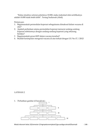 Modul ekonomi kelas 10/semester 2/mgmpekonomijaksel1/guruasikgurukreatif/kasmadi - 148 -
“Kalau misalnya setoran pokoknya 10.000, maka maksimal nilai sertifikatnya
adalah 10.000 tidak boleh lebih”. Terang Sudiarsah (Abdi)
Pertanyaan:
1. Bagaimanakah permodalan koperasi sebagaimana dimaksud dalam wacana di
atas?
2. Apakah perbedaan utama permodalan koperasi menurut undang-undang
koperasi sebelumnya dengan undang-undang koperasi yang sekarang
berlaku?
3 Bagaimanakah peran KSP dalam wacana tersebut?
4. Buatlah kesimpulan mengenai wacana di atas terkait dengan UU No 17 / 2012!
LATIHAN 2
1. Perhatikan gambar di bawah ini :
`8
I
II
III
IV
 