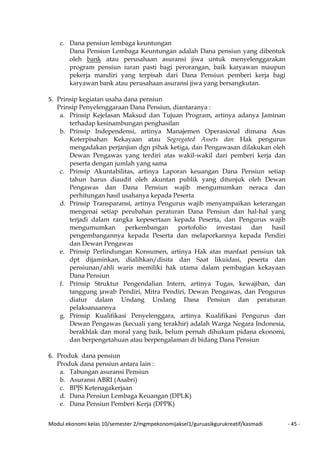 Modul ekonomi kelas 10/semester 2/mgmpekonomijaksel1/guruasikgurukreatif/kasmadi - 45 -
c. Dana pensiun lembaga keuntungan
Dana Pensiun Lembaga Keuntungan adalah Dana pensiun yang dibentuk
oleh bank atau perusahaan asuransi jiwa untuk menyelenggarakan
program pensiun iuran pasti bagi perorangan, baik karyawan maupun
pekerja mandiri yang terpisah dari Dana Pensiun pemberi kerja bagi
karyawan bank atau perusahaan asuransi jiwa yang bersangkutan.
5. Prinsip kegiatan usaha dana pensiun
Prinsip Penyelenggaraan Dana Pensiun, diantaranya :
a. Prinsip Kejelasan Maksud dan Tujuan Program, artinya adanya Jaminan
terhadap kesinambungan penghasilan
b. Prinsip Independensi, artinya Manajemen Operasional dimana Asas
Keterpisahan Kekayaan atau Segregated Assets dan Hak pengurus
mengadakan perjanjian dgn pihak ketiga, dan Pengawasan dilakukan oleh
Dewan Pengawas yang terdiri atas wakil-wakil dari pemberi kerja dan
peserta dengan jumlah yang sama
c. Prinsip Akuntabilitas, artinya Laporan keuangan Dana Pensiun setiap
tahun harus diaudit oleh akuntan publik yang ditunjuk oleh Dewan
Pengawas dan Dana Pensiun wajib mengumumkan neraca dan
perhitungan hasil usahanya kepada Peserta
d. Prinsip Transparansi, artinya Pengurus wajib menyampaikan keterangan
mengenai setiap perubahan peraturan Dana Pensiun dan hal-hal yang
terjadi dalam rangka kepesertaan kepada Peserta, dan Pengurus wajib
mengumumkan perkembangan portofolio investasi dan hasil
pengembangannya kepada Peserta dan melaporkannya kepada Pendiri
dan Dewan Pengawas
e. Prinsip Perlindungan Konsumen, artinya Hak atas manfaat pensiun tak
dpt dijaminkan, dialihkan/disita dan Saat likuidasi, peserta dan
pensiunan/ahli waris memiliki hak utama dalam pembagian kekayaan
Dana Pensiun
f. Prinsip Struktur Pengendalian Intern, artinya Tugas, kewajiban, dan
tanggung jawab Pendiri, Mitra Pendiri, Dewan Pengawas, dan Pengurus
diatur dalam Undang Undang Dana Pensiun dan peraturan
pelaksanaannya
g. Prinsip Kualifikasi Penyelenggara, artinya Kualifikasi Pengurus dan
Dewan Pengawas (kecuali yang terakhir) adalah Warga Negara Indonesia,
berakhlak dan moral yang baik, belum pernah dihukum pidana ekonomi,
dan berpengetahuan atau berpengalaman di bidang Dana Pensiun
6. Produk dana pensiun
Produk dana pensiun antara lain :
a. Tabungan asuransi Pensiun
b. Asuransi ABRI (Asabri)
c. BPJS Ketenagakerjaan
d. Dana Pensiun Lembaga Keuangan (DPLK)
e. Dana Pensiun Pemberi Kerja (DPPK)
 