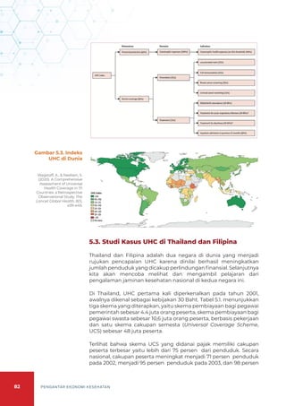 82 PENGANTAR EKONOMI KESEHATAN
5.3. Studi Kasus UHC di Thailand dan Filipina
Thailand dan Filipina adalah dua negara di dunia yang menjadi
rujukan pencapaian UHC karena dinilai berhasil meningkatkan
jumlah penduduk yang dicakup perlindungan finansial. Selanjutnya
kita akan mencoba melihat dan mengambil pelajaran dari
pengalaman jaminan kesehatan nasional di kedua negara ini.
Di Thailand, UHC pertama kali diperkenalkan pada tahun 2001,
awalnya dikenal sebagai kebijakan 30 Baht. Tabel 5.1. menunjukkan
tiga skema yang diterapkan, yaitu skema pembiayaan bagi pegawai
pemerintah sebesar 4.4 juta orang peserta, skema pembiayaan bagi
pegawai swasta sebesar 10,6 juta orang peserta, berbasis pekerjaan
dan satu skema cakupan semesta (Universal Coverage Scheme,
UCS) sebesar 48 juta peserta.
Terlihat bahwa skema UCS yang didanai pajak memiliki cakupan
peserta terbesar yaitu lebih dari 75 persen dari penduduk. Secara
nasional, cakupan peserta meningkat menjadi 71 persen penduduk
pada 2002, menjadi 95 persen penduduk pada 2003, dan 98 persen
Gambar 5.3. Indeks
UHC di Dunia
Wagstaff, A., & Neelsen, S.
(2020). A Comprehensive
Assessment of Universal
Health Coverage in 111
Countries: a Retrospective
Observational Study. The
Lancet Global Health, 8(1),
e39-e49.
 