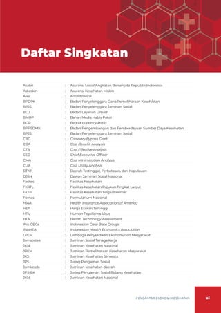 xi
PENGANTAR EKONOMI KESEHATAN
Daftar Singkatan
Asabri		 : Asuransi Sosial Angkatan Bersenjata Republik Indonesia
Askeskin : Asuransi Kesehatan Miskin
ARV : Antiretroviral
BPDPK	 : Badan Penyelenggara Dana Pemeliharaan Keseh/atan
BPJS : Badan Penyelenggara Jaminan Sosial
BLU : Badan Layanan Umum
BMHP 	 : Bahan Medis Habis Pakai
BOR : Bed Occupancy Ratio
BPPSDMK : Badan Pengembangan dan Pemberdayaan Sumber Daya Kesehatan
BPJS : Badan Penyelenggara Jaminan Sosial
CBG 		 : Coronary Bypass Graft
CBA : Cost Benefit Analysis
CEA : Cost Effective Analysis
CEO : Chief Executive Officer
CMA : Cost Minimization Analysis
CUA : Cost Utility Analysis
DTKP : Daerah Tertinggal, Perbatasan, dan Kepulauan
DJSN		 : Dewan Jaminan Sosial Nasional
Faskes 	 : Fasilitas Kesehatan
FKRTL : Fasilitas Kesehatan Rujukan Tingkat Lanjut
FKTP : Fasilitas Kesehatan Tingkat Primer
Fornas : Formularium Nasional
HIAA 		 : Health Insurance Association of America
HET		 : Harga Eceran Tertinggi
HPV 		 : Human Papilloma Virus
HTA 		 : Health Technology Assessment
INA-CBGs 	 : Indonesian Case Base Groups
INAHEA 	 : Indonesian Health Economics Association
LPEM 	 : Lembaga Penyelidikan Ekonomi dan Masyarakat
Jamsostek 	 : Jaminan Sosial Tenaga Kerja
JKN 		 : Jaminan Kesehatan Nasional
JPKM 		 : Jaminan Pemelihataan Kesehatan Masyarakat
JKS : Jaminan Kesehatan Semesta
JPS : Jaring Pengaman Sosial
Jamkesda 	 : Jaminan kesehatan daerah
JPS-BK : Jaring Pengaman Sosial Bidang Kesehatan
JKN : Jaminan Kesehatan Nasional
 