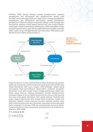 21
KONSEP MAKROEKONOMI DAN KESEHATAN
(Mankiw, 2018). Serupa dengan konsep perekonomian individu,
pengeluaran dan pemasukan dari perekonomian secara total
haruslah sama, sehingga PDB pun dapat diukur melalui pendekatan
pengeluaran dan pendekatan pemasukan. Melalui pendekatan
pengeluaran, PDB merupakan fungsi dari belanja rumah tangga dan
perusahaan, belanja modal, belanja pemerintah, dan surplus ekspor;
sedangkan melalui pendekatan pendapatan, PDB merupakan fungsi
dari pembayaran sewa, upah, dan bunga/imbal hasil investasi. Interaksi
dalam pasar yang menggambarkan pembentukan PDB pada suatu
perekonomian terlihat pada Gambar 2.1.
Pada Gambar 2.1. di atas, terlihat bahwa faktor produksi merupakan
salah satu komponen penentu besaran barang dan jasa (PDB) yang
dapat diproduksi oleh suatu negara. PDB berbagai negara yang
merupakan hasil pemanfaatan faktor-faktor produksi sangatlah
bervariasi: mulai dari sangat miskin hingga paling kaya. Salah satu
faktor yang memicu adanya perbedaan kondisi perekonomian
berbagai negara di dunia adalah produktivitas, yaitu jumlah barang
dan jasa yang dapat dihasilkan oleh setiap pekerja. Produktivitas
suatu negara ditentukan oleh empat faktor produksi: modal fisik
(physical capital), modal manusia (human capital), sumber daya
alam (natural resources), dan teknologi. Hubungan antara keempat
faktor produksi ini dengan PDB dan produktivitas tertuang dalam
fungsi produksi (1.1) dan persamaan produktivitas (1.2) di bawah ini
(Mankiw, 2016, 2018):
(1.1)
(1.2)
Gambar 2.1.
Diagram Arus
Melingkar
Kegiatan Ekonomi
Kompilasi Penulis
 