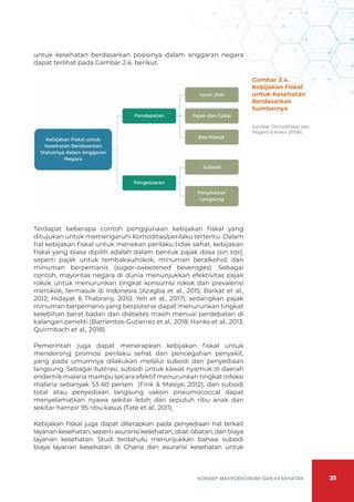 31
KONSEP MAKROEKONOMI DAN KESEHATAN
untuk kesehatan berdasarkan posisinya dalam anggaran negara
dapat terlihat pada Gambar 2.4. berikut.
Terdapat beberapa contoh penggunaan kebijakan fiskal yang
ditujukan untuk memengaruhi komoditas/perilaku tertentu. Dalam
hal kebijakan fiskal untuk menekan perilaku tidak sehat, kebijakan
fiskal yang biasa dipilih adalah dalam bentuk pajak dosa (sin tax),
seperti pajak untuk tembakau/rokok, minuman beralkohol, dan
minuman berpemanis (sugar-sweetened beverages). Sebagai
contoh, mayoritas negara di dunia menunjukkan efektivitas pajak
rokok untuk menurunkan tingkat konsumsi rokok dan prevalensi
merokok, termasuk di Indonesia (Azagba et al., 2015; Barkat et al.,
2012; Hidayat & Thabrany, 2010; Yeh et al., 2017); sedangkan pajak
minuman berpemanis yang berpotensi dapat menurunkan tingkat
kelebihan berat badan dan diabetes masih menuai perdebatan di
kalangan peneliti (Barrientos-Gutierrez et al., 2018; Hanks et al., 2013;
Quirmbach et al., 2018).
Pemerintah juga dapat menerapkan kebijakan fiskal untuk
mendorong promosi perilaku sehat dan pencegahan penyakit,
yang pada umumnya dilakukan melalui subsidi dan penyediaan
langsung. Sebagai ilustrasi, subsidi untuk kawat nyamuk di daerah
endemik malaria mampu secara efektif menurunkan tingkat infeksi
malaria sebanyak 53-60 persen (Fink & Masiye, 2012); dan subsidi
total atau penyediaan langsung vaksin pneumococcal dapat
menyelamatkan nyawa sekitar lebih dari sepuluh ribu anak dan
sekitar hampir 95 ribu kasus (Tate et al., 2011).
Kebijakan fiskal juga dapat diterapkan pada penyediaan hal terkait
layanan kesehatan, seperti asuransi kesehatan, obat-obatan, dan biaya
layanan kesehatan. Studi terdahulu menunjukkan bahwa subsidi
biaya layanan kesehatan di Ghana dan asuransi kesehatan untuk
Gambar 2.4.
Kebijakan Fiskal
untuk Kesehatan
Berdasarkan
Sumbernya
Sumber: Dimodifikasi dari
Nugent & Knaul (2006)
 
