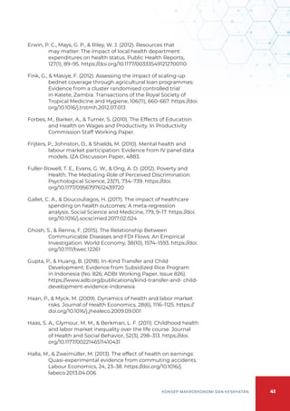 41
KONSEP MAKROEKONOMI DAN KESEHATAN
Erwin, P. C., Mays, G. P., & Riley, W. J. (2012). Resources that
may matter: The impact of local health department
expenditures on health status. Public Health Reports,
127(1), 89–95. https://doi.org/10.1177/003335491212700110
Fink, G., & Masiye, F. (2012). Assessing the impact of scaling-up
bednet coverage through agricultural loan programmes:
Evidence from a cluster randomised controlled trial
in Katete, Zambia. Transactions of the Royal Society of
Tropical Medicine and Hygiene, 106(11), 660–667. https://doi.
org/10.1016/j.trstmh.2012.07.013
Forbes, M., Barker, A., & Turner, S. (2010). The Effects of Education
and Health on Wages and Productivity. In Productivity
Commission Staff Working Paper.
Frijters, P., Johnston, D., & Shields, M. (2010). Mental health and
labour market participation: Evidence from IV panel data
models. IZA Discussion Paper, 4883.
Fuller-Rowell, T. E., Evans, G. W., & Ong, A. D. (2012). Poverty and
Health: The Mediating Role of Perceived Discrimination.
Psychological Science, 23(7), 734–739. https://doi.
org/10.1177/0956797612439720
Gallet, C. A., & Doucouliagos, H. (2017). The impact of healthcare
spending on health outcomes: A meta-regression
analysis. Social Science and Medicine, 179, 9–17. https://doi.
org/10.1016/j.socscimed.2017.02.024
Ghosh, S., & Renna, F. (2015). The Relationship Between
Communicable Diseases and FDI Flows: An Empirical
Investigation. World Economy, 38(10), 1574–1593. https://doi.
org/10.1111/twec.12261
Gupta, P., & Huang, B. (2018). In-Kind Transfer and Child
Development: Evidence from Subsidized Rice Program
in Indonesia (No. 826; ADBI Working Paper, Issue 826).
https://www.adb.org/publications/kind-transfer-and- child-
development-evidence-indonesia
Haan, P., & Myck, M. (2009). Dynamics of health and labor market
risks. Journal of Health Economics, 28(6), 1116–1125. https://
doi.org/10.1016/j.jhealeco.2009.09.001
Haas, S. A., Glymour, M. M., & Berkman, L. F. (2011). Childhood health
and labor market inequality over the life course. Journal
of Health and Social Behavior, 52(3), 298–313. https://doi.
org/10.1177/0022146511410431
Halla, M., & Zweimüller, M. (2013). The effect of health on earnings:
Quasi-experimental evidence from commuting accidents.
Labour Economics, 24, 23–38. https://doi.org/10.1016/j.
labeco.2013.04.006
 