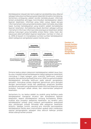 65
CIRI DAN PASAR PELAYANAN KESEHATAN DI INDONESIA
Ketidakpastian diawali dari kemungkinan (probability) atau dikenal
sebagairisikoatasmanfaatyangakandiperolehdiwaktumendatang.
Sementara ambiguitas adalah kondisi ketidakcukupan informasi
terkait probabilitas sehingga menimbulkan ketidakpastian dalam
layanan kesehatan. Informasi yang tidak cukup dapat berupa
informasi terkait risiko yang tidak tersedia, tidak memadai, atau tidak
tepat. Sumber ketidakpastian yang terakhir adalah kompleksitas
layanan kesehatan. Kompleksitas dapat diartikan sebagai sulitnya
memahami informasi-informasi risiko atas layanan kesehatan akibat
adanya hubungan yang kompleks antara faktor risiko, hasil, dan
keputusan alternatif dalam layanan kesehatan. Gambar 4.1. (Han, et
al., 2019) di bawah ini menjelaskan sumber-sumber ketidakpastian
dalam pelayanan pengobatan pasien kanker paru.
Dimensi kedua dalam taksonomi ketidakpastian adalah issue (isu).
Isu atau masalah terkait ketidakpastian dalam pelayanan kesehatan
mencakup 3 (tiga) kategori yaitu scientific (keilmuan), pratical
(praktik), dan personal (pribadi) (Han et al., 2019). Isu pertama adalah
ketidakpastian terhadap keilmuan pada sebuah pengobatan
penyakit, mencakup proses diagnosis (penentuan jenis penyakit
dengan pemeriksaan tanda dan gejalanya), prognosis (prediksi
perjalanan penyakit yang didasarkan pada informasi diagnosis yang
tersedia), hubungan sebab akibat, dan rekomendasi pelayanan
kesehatan.
Sementara itu, isu kedua adalah isu praktik yang berfokus pada
ketidakpastian mengenai struktur dan kompetensi layanan
kesehatan, seperti ketidakpastian tentang kompetensi dokter,
kualitas atau prosedur pelayanan kesehatan. Isu terakhir yaitu
ketidakpastian pribadi yang meliputi permasalahan psikososial
atau pandangan pribadi terhadap efek pelayanan kesehatan
tertentu. Sebagai contoh, seorang pria memiliki permasalahan
ketidakpastian ketika akan memutuskan apakah akan melakukan
operasi pengangkatan sebagian atau seluruh kelenjar prostat
akibat adanya kanker prostat.
Gambar 4.1.
Contoh Sumber
Ketidakpastian
dalam Respons
terhadap
Pengobatan
Kanker Paru
 