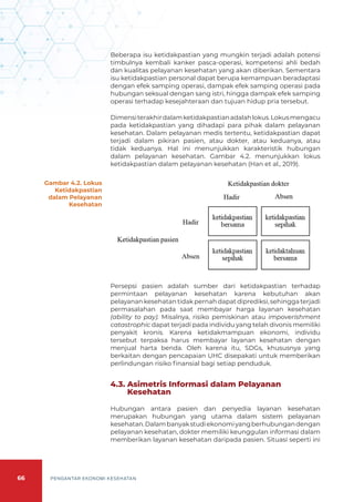 66 PENGANTAR EKONOMI KESEHATAN
Beberapa isu ketidakpastian yang mungkin terjadi adalah potensi
timbulnya kembali kanker pasca-operasi, kompetensi ahli bedah
dan kualitas pelayanan kesehatan yang akan diberikan. Sementara
isu ketidakpastian personal dapat berupa kemampuan beradaptasi
dengan efek samping operasi, dampak efek samping operasi pada
hubungan seksual dengan sang istri, hingga dampak efek samping
operasi terhadap kesejahteraan dan tujuan hidup pria tersebut.
Dimensiterakhirdalamketidakpastianadalahlokus.Lokusmengacu
pada ketidakpastian yang dihadapi para pihak dalam pelayanan
kesehatan. Dalam pelayanan medis tertentu, ketidakpastian dapat
terjadi dalam pikiran pasien, atau dokter, atau keduanya, atau
tidak keduanya. Hal ini menunjukkan karakteristik hubungan
dalam pelayanan kesehatan. Gambar 4.2. menunjukkan lokus
ketidakpastian dalam pelayanan kesehatan (Han et al., 2019).
Gambar 4.2. Lokus
Ketidakpastian
dalam Pelayanan
Kesehatan
Persepsi pasien adalah sumber dari ketidakpastian terhadap
permintaan pelayanan kesehatan karena kebutuhan akan
pelayanan kesehatan tidak pernah dapat diprediksi, sehingga terjadi
permasalahan pada saat membayar harga layanan kesehatan
(ability to pay). Misalnya, risiko pemiskinan atau impoverishment
catastrophic dapat terjadi pada individu yang telah divonis memiliki
penyakit kronis. Karena ketidakmampuan ekonomi, individu
tersebut terpaksa harus membayar layanan kesehatan dengan
menjual harta benda. Oleh karena itu, SDGs, khususnya yang
berkaitan dengan pencapaian UHC disepakati untuk memberikan
perlindungan risiko finansial bagi setiap penduduk.
4.3.	Asimetris Informasi dalam Pelayanan
Kesehatan
Hubungan antara pasien dan penyedia layanan kesehatan
merupakan hubungan yang utama dalam sistem pelayanan
kesehatan.Dalambanyakstudiekonomiyangberhubungandengan
pelayanan kesehatan, dokter memiliki keunggulan informasi dalam
memberikan layanan kesehatan daripada pasien. Situasi seperti ini
 