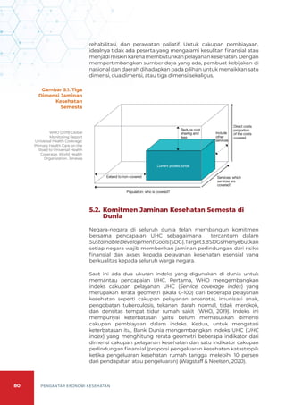80 PENGANTAR EKONOMI KESEHATAN
rehabilitasi, dan perawatan paliatif. Untuk cakupan pembiayaan,
idealnya tidak ada peserta yang mengalami kesulitan finansial atau
menjadimiskinkarenamembutuhkanpelayanankesehatan.Dengan
mempertimbangkan sumber daya yang ada, pembuat kebijakan di
nasional dan daerah dihadapkan pada pilihan untuk menaikkan satu
dimensi, dua dimensi, atau tiga dimensi sekaligus.
Gambar 5.1. Tiga
Dimensi Jaminan
Kesehatan
Semesta
5.2. 	Komitmen Jaminan Kesehatan Semesta di
Dunia
Negara-negara di seluruh dunia telah membangun komitmen
bersama pencapaian UHC sebagaimana tercantum dalam
SustainableDevelopmentGoals(SDG).Target3.8SDGsmenyebutkan
setiap negara wajib memberikan jaminan perlindungan dari risiko
finansial dan akses kepada pelayanan kesehatan esensial yang
berkualitas kepada seluruh warga negara.
Saat ini ada dua ukuran indeks yang digunakan di dunia untuk
memantau pencapaian UHC. Pertama, WHO mengembangkan
indeks cakupan pelayanan UHC (Service coverage index) yang
merupakan rerata geometri (skala 0-100) dari beberapa pelayanan
kesehatan seperti cakupan pelayanan antenatal, imunisasi anak,
pengobatan tuberculosis, tekanan darah normal, tidak merokok,
dan densitas tempat tidur rumah sakit (WHO, 2019). Indeks ini
mempunyai keterbatasan yaitu belum memasukkan dimensi
cakupan pembiayaan dalam indeks. Kedua, untuk mengatasi
keterbatasan itu, Bank Dunia mengembangkan indeks UHC (UHC
index) yang menghitung rerata geometri beberapa indikator dari
dimensi cakupan pelayanan kesehatan dan satu indikator cakupan
perlindungan finansial (proporsi pengeluaran kesehatan katastropik
ketika pengeluaran kesehatan rumah tangga melebihi 10 persen
dari pendapatan atau pengeluaran) (Wagstaff & Neelsen, 2020).
WHO (2019) Global
Monitoring Report
Universal Health Coverage:
Primary Health Care on the
Road to Universal Health
Coverage. World Health
Organization. Jenewa
 