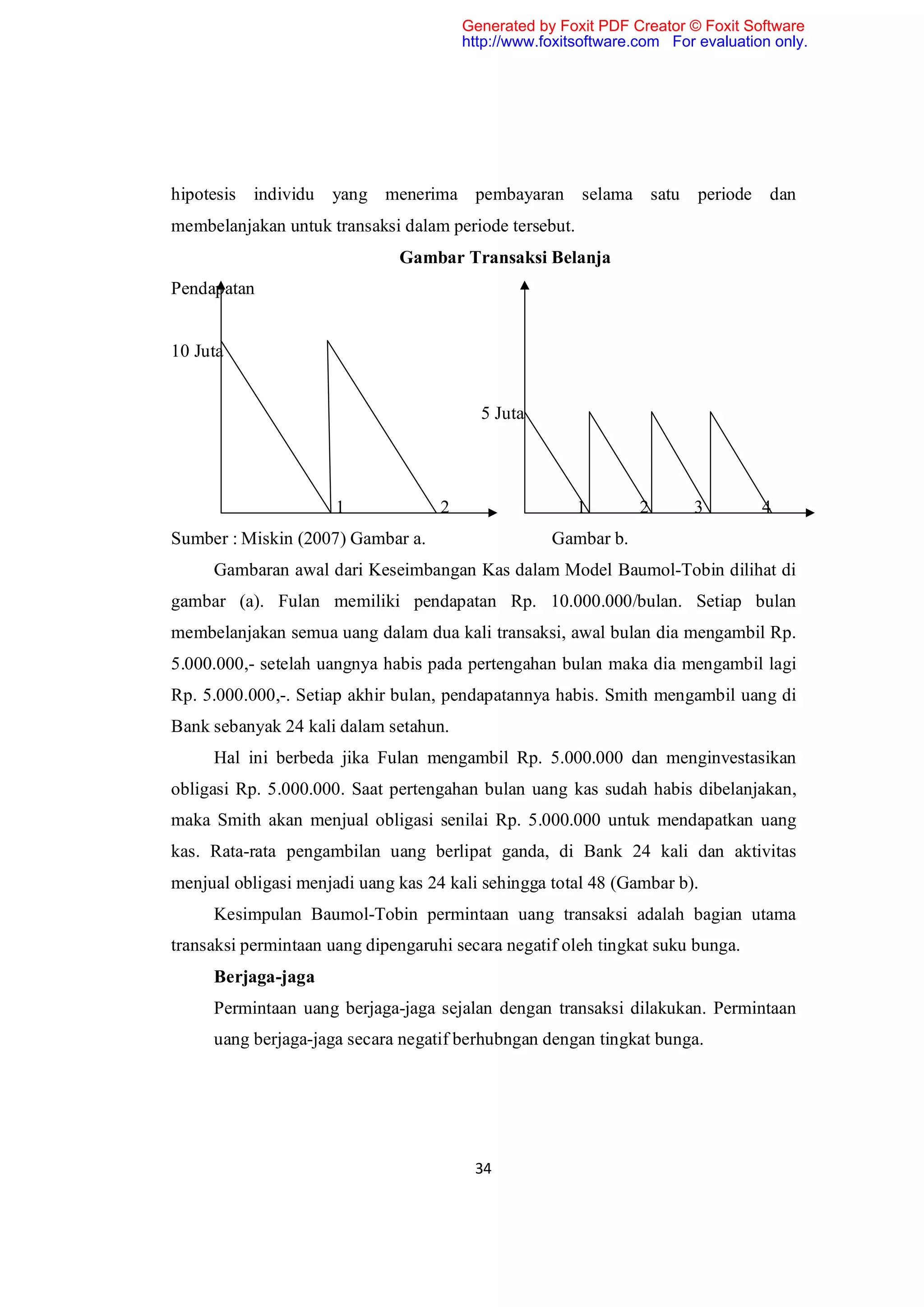 Generated by Foxit PDF Creator © Foxit Software
                                        http://www.foxitsoftware.com For evaluation only.




hipotesis individu   yang menerima pembayaran selama satu                periode dan
membelanjakan untuk transaksi dalam periode tersebut.
                              Gambar Transaksi Belanja
Pendapatan


10 Juta


                                          5 Juta




                      1             2                   1        2      3         4
Sumber : Miskin (2007) Gambar a.                    Gambar b.
     Gambaran awal dari Keseimbangan Kas dalam Model Baumol-Tobin dilihat di
gambar (a). Fulan memiliki pendapatan Rp. 10.000.000/bulan. Setiap bulan
membelanjakan semua uang dalam dua kali transaksi, awal bulan dia mengambil Rp.
5.000.000,- setelah uangnya habis pada pertengahan bulan maka dia mengambil lagi
Rp. 5.000.000,-. Setiap akhir bulan, pendapatannya habis. Smith mengambil uang di
Bank sebanyak 24 kali dalam setahun.
     Hal ini berbeda jika Fulan mengambil Rp. 5.000.000 dan menginvestasikan
obligasi Rp. 5.000.000. Saat pertengahan bulan uang kas sudah habis dibelanjakan,
maka Smith akan menjual obligasi senilai Rp. 5.000.000 untuk mendapatkan uang
kas. Rata-rata pengambilan uang berlipat ganda, di Bank 24 kali dan aktivitas
menjual obligasi menjadi uang kas 24 kali sehingga total 48 (Gambar b).
     Kesimpulan Baumol-Tobin permintaan uang transaksi adalah bagian utama
transaksi permintaan uang dipengaruhi secara negatif oleh tingkat suku bunga.
     Berjaga-jaga
     Permintaan uang berjaga-jaga sejalan dengan transaksi dilakukan. Permintaan
     uang berjaga-jaga secara negatif berhubngan dengan tingkat bunga.




                                         34
 