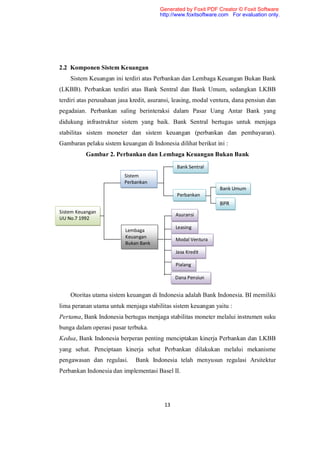 Generated by Foxit PDF Creator © Foxit Software
                                        http://www.foxitsoftware.com For evaluation only.




2.2 Komponen Sistem Keuangan
    Sistem Keuangan ini terdiri atas Perbankan dan Lembaga Keuangan Bukan Bank
(LKBB). Perbankan terdiri atas Bank Sentral dan Bank Umum, sedangkan LKBB
terdiri atas perusahaan jasa kredit, asuransi, leasing, modal ventura, dana pensiun dan
pegadaian. Perbankan saling berinteraksi dalam Pasar Uang Antar Bank yang
didukung infrastruktur sistem yang baik. Bank Sentral bertugas untuk menjaga
stabilitas sistem moneter dan sistem keuangan (perbankan dan pembayaran).
Gambaran pelaku sistem keuangan di Indonesia dilihat berikut ini :
          Gambar 2. Perbankan dan Lembaga Keuangan Bukan Bank
                                               Bank Sentral
                          Sistem
                          Perbankan
                                                                Bank Umum
                                               Perbankan
                                                                BPR
Sistem Keuangan
                                               Asuransi
UU No.7 1992
                                               Leasing
                          Lembaga
                          Keuangan
                                               Modal Ventura
                          Bukan Bank
                                               Jasa Kredit

                                               Pialang

                                               Dana Pensiun


    Otoritas utama sistem keuangan di Indonesia adalah Bank Indonesia. BI memiliki
lima peranan utama untuk menjaga stabilitas sistem keuangan yaitu :
Pertama, Bank Indonesia bertugas menjaga stabilitas moneter melalui instrumen suku
bunga dalam operasi pasar terbuka.
Kedua, Bank Indonesia berperan penting menciptakan kinerja Perbankan dan LKBB
yang sehat. Penciptaan kinerja sehat Perbankan dilakukan melalui mekanisme
pengawasan dan regulasi.      Bank Indonesia telah menyusun regulasi Arsitektur
Perbankan Indonesia dan implementasi Basel II.




                                          13
 