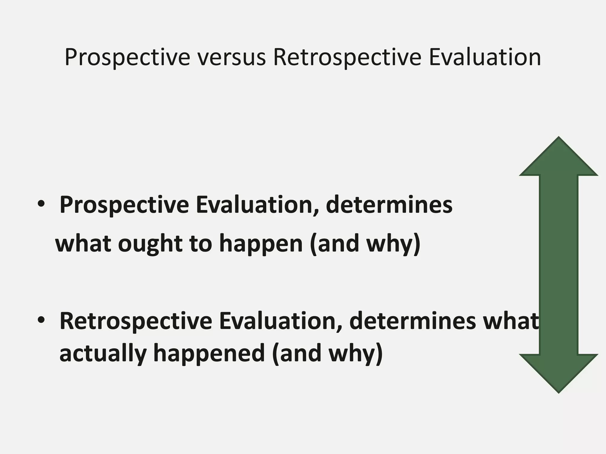Prospective versus Retrospective Evaluation
• Prospective Evaluation, determines
what ought to happen (and why)
• Retrospective Evaluation, determines what
actually happened (and why)
 
