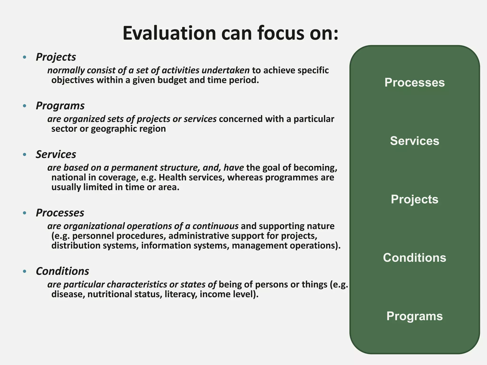 Evaluation can focus on:
• Projects
normally consist of a set of activities undertaken to achieve specific
objectives within a given budget and time period.
• Programs
are organized sets of projects or services concerned with a particular
sector or geographic region
• Services
are based on a permanent structure, and, have the goal of becoming,
national in coverage, e.g. Health services, whereas programmes are
usually limited in time or area.
• Processes
are organizational operations of a continuous and supporting nature
(e.g. personnel procedures, administrative support for projects,
distribution systems, information systems, management operations).
• Conditions
are particular characteristics or states of being of persons or things (e.g.
disease, nutritional status, literacy, income level).
Processes
Services
Projects
Conditions
Programs
 