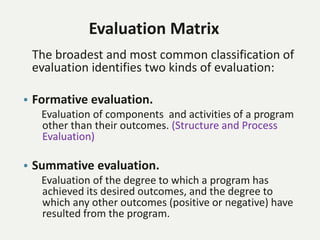 Evaluation Matrix
The broadest and most common classification of
evaluation identifies two kinds of evaluation:
• Formative evaluation.
Evaluation of components and activities of a program
other than their outcomes. (Structure and Process
Evaluation)
• Summative evaluation.
Evaluation of the degree to which a program has
achieved its desired outcomes, and the degree to
which any other outcomes (positive or negative) have
resulted from the program.
 