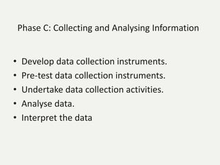 Phase C: Collecting and Analysing Information
• Develop data collection instruments.
• Pre-test data collection instruments.
• Undertake data collection activities.
• Analyse data.
• Interpret the data
 