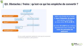 Q3. Obstacles / freins : qu’est-ce qui les empêche de convertir ?
Selon une étude de la Fevad,
le taux d’abandon de panier
tout secteur confondu
se situe entre 70 % et 80 %.
Et entre 15 à 30 % des visiteurs
abandonnent leurs achats au
cours du processus de
paiement.
Si vous voulez augmenter rapidement votre taux de conversion
Trouvez les réponses à cette question !
 