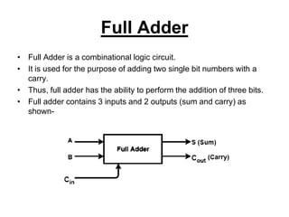 Full Adder
• Full Adder is a combinational logic circuit.
• It is used for the purpose of adding two single bit numbers with a
carry.
• Thus, full adder has the ability to perform the addition of three bits.
• Full adder contains 3 inputs and 2 outputs (sum and carry) as
shown-
 