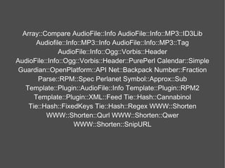 Array::Compare AudioFile::Info AudioFile::Info::MP3::ID3Lib Audiofile::Info::MP3::Info AudioFile::Info::MP3::Tag AudioFile...
