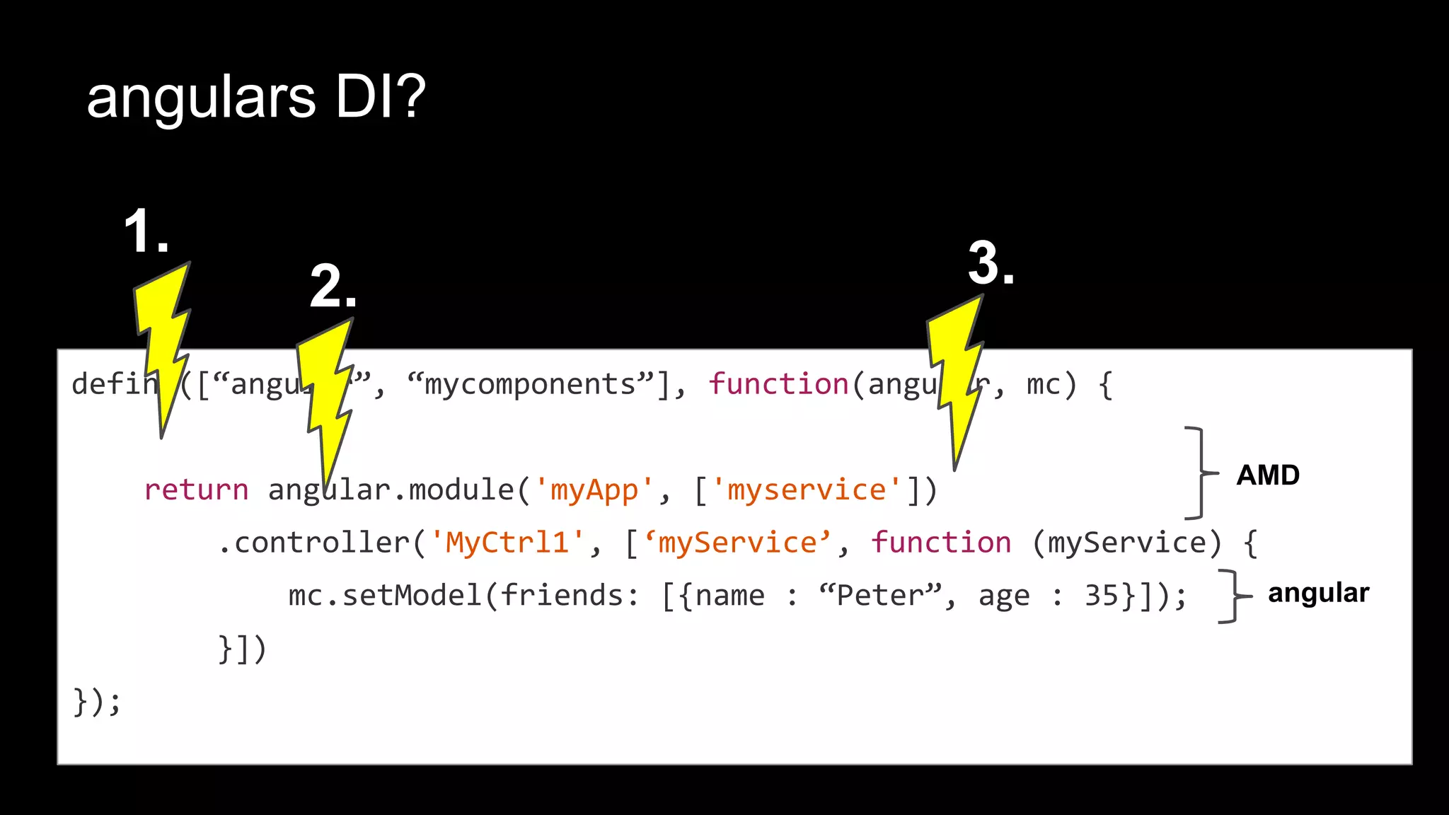 angulars DI?
define([“angular”, “mycomponents”], function(angular, mc) {
return angular.module('myApp', ['myservice'])
.controller('MyCtrl1', [‘myService’, function (myService) {
mc.setModel(friends: [{name : “Peter”, age : 35}]);
}])
});
AMD
angular
1.
2. 3.
 