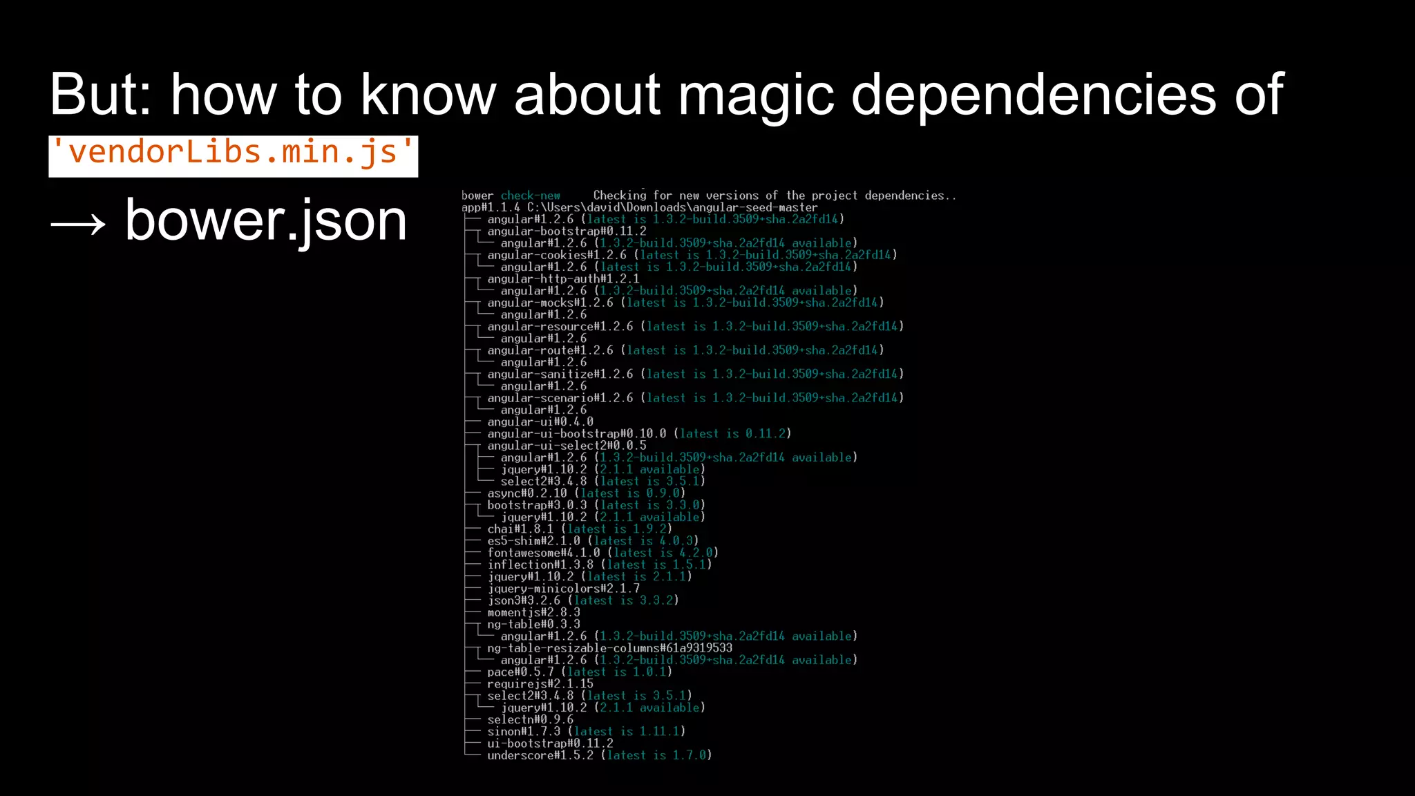 But: how to know about magic dependencies of
'vendorLibs.min.js'
→ bower.json
 