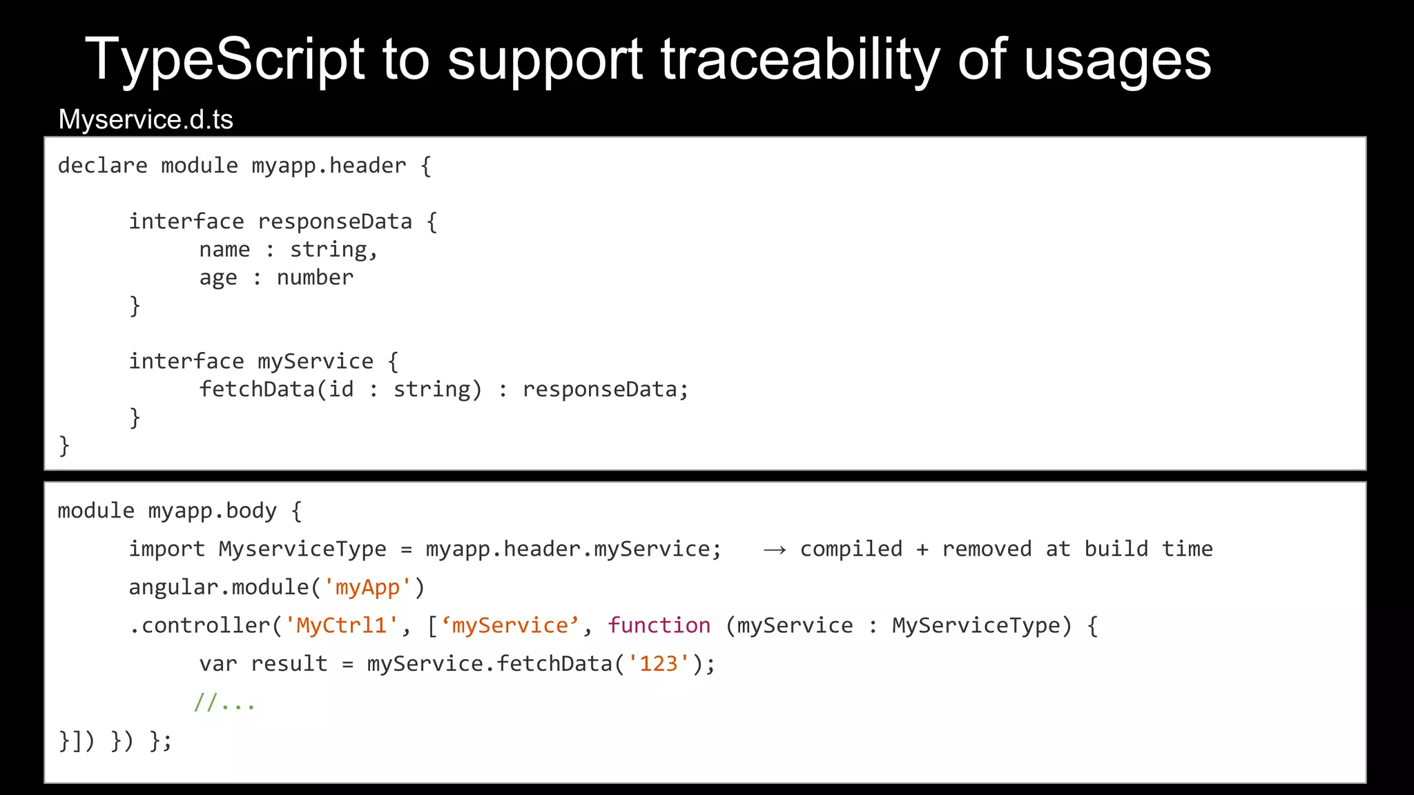 TypeScript to support traceability of usages
module myapp.body {
import MyserviceType = myapp.header.myService; → compiled + removed at build time
angular.module('myApp')
.controller('MyCtrl1', [‘myService’, function (myService : MyServiceType) {
var result = myService.fetchData('123');
//...
}]) }) };
declare module myapp.header {
interface responseData {
name : string,
age : number
}
interface myService {
fetchData(id : string) : responseData;
}
}
Myservice.d.ts
 