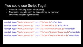 You could use Script Tags!
- You care manually about the ordering
- No magic - you add each file dependency by your own
- download happens synchronous
<script type="text/javascript" src="/js/app.js"></script>
<script type="text/javascript" src="/js/AppConfig.js"></script>
<script type="text/javascript" src="/js/auth/AuthService.js"></script>
<script type="text/javascript" src="/js/auth/RegisterResource.js"></script>
<script type="text/javascript" src="/js/auth/RegisterService.js"></script>
 