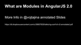 What are Modules in AngularJS 2.0
More Info in @vojtajina annotated Slides
https://dl.dropboxusercontent.com/u/36607830/talks/ng-conf-di-v2-annotated.pdf
 