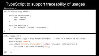 TypeScript to support traceability of usages
module myapp.body {
import MyserviceType = myapp.header.myService; → compiled + removed at build time
angular.module('myApp')
.controller('MyCtrl1', [‘myService’, function (myService : MyServiceType) {
var result = myService.fetchData('123');
//...
}]) }) };
declare module myapp.header {
interface responseData {
name : string,
age : number
}
interface myService {
fetchData(id : string) : responseData;
}
}
Myservice.d.ts
 