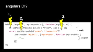 angulars DI?
define([“angular”, “mycomponents”], function(angular, mc) {
mc.setModel(friends: [{name : “Peter”, age : 35}]);
return angular.module('myApp', ['myservice'])
.controller('MyCtrl1', [‘myService’, function (myService) {
//...
}])
});
AMD
angular
1.
2. 3.
 