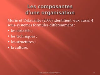 Morin et Delavallée (2000) identifient, eux aussi, 4
sous-systèmes formulés différemment :
• les objectifs ;
• les techniques ;
• les structures ;
• la culture.
MR JULIEN ROMEO ADOTE 10
 